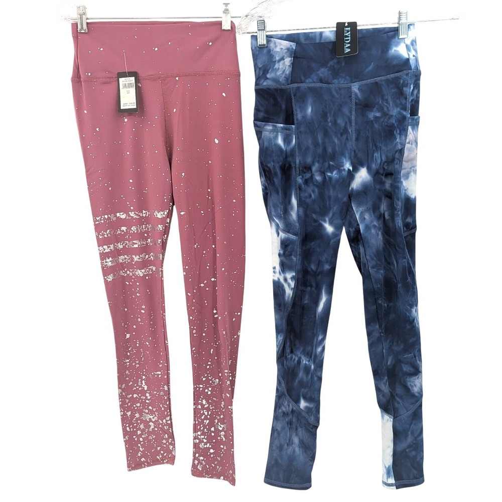 2 Pack Leggings Womens S/M Tie Dye Pocket‎ Splatter Print High Waist NWT